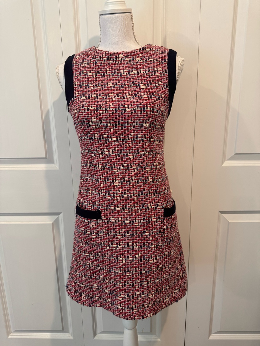 Juliette Longuet Paris Tweed Shift Dress Red Blue Pockets Mini Size Small